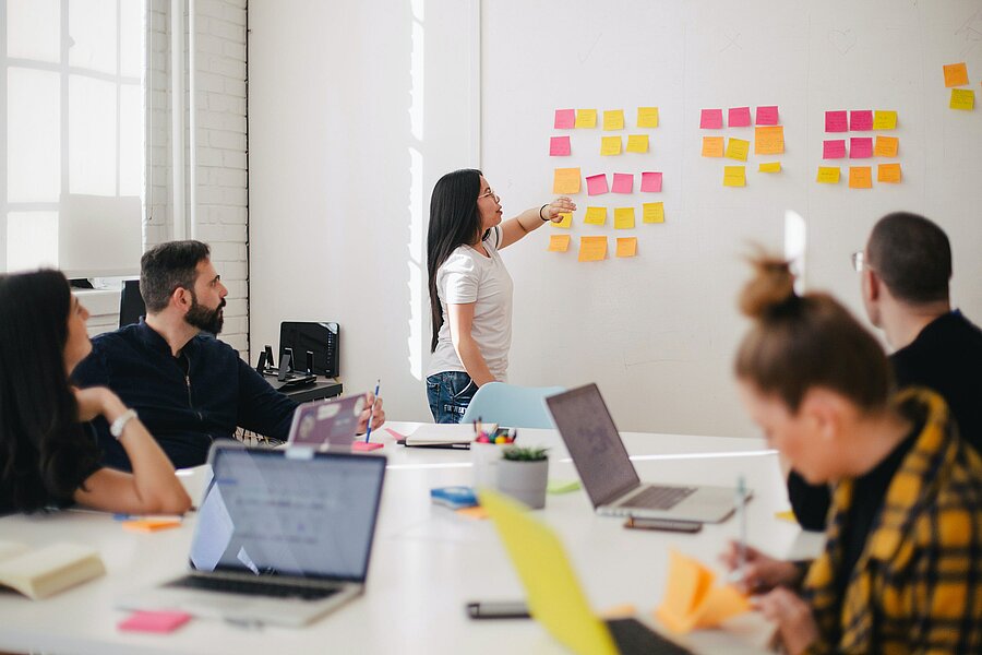 Besprechungssituationen mit einer Präsentierenden und Post-Its an der Wand