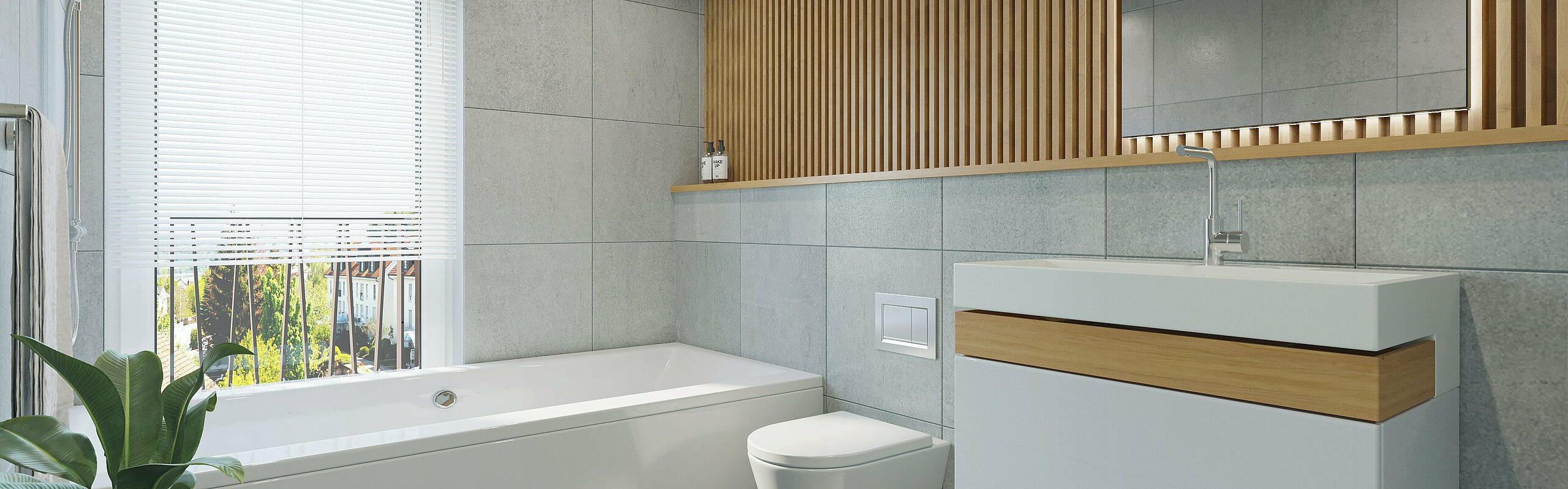 Badezimmer mit grauen Fliesen und Details in Holz. 